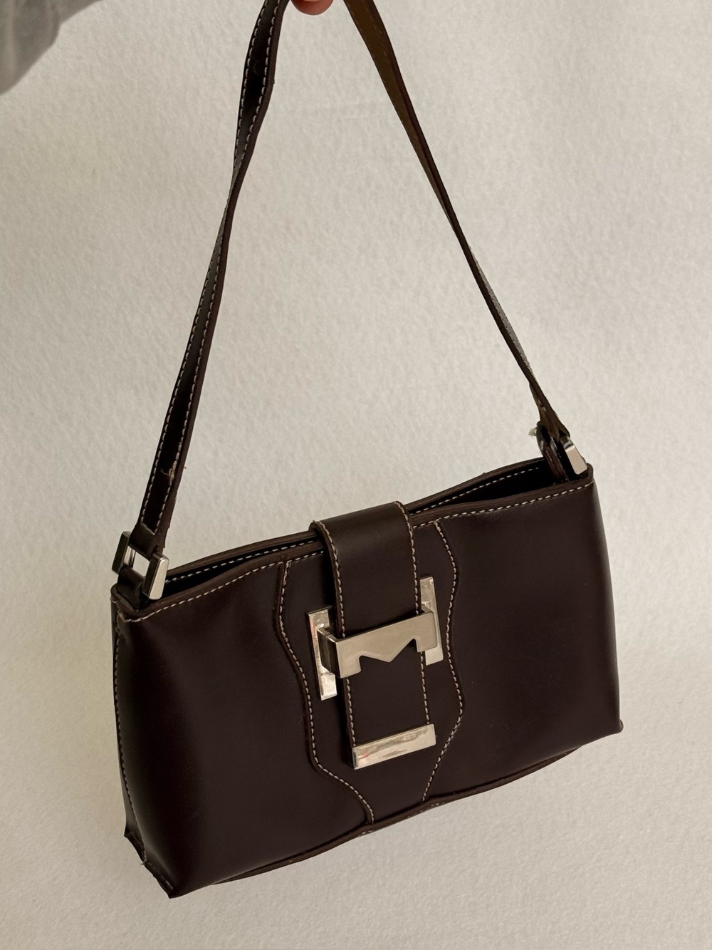 Y2K Brown Faux Leather Baguette Shoulder Bag Silver Buckle Flap